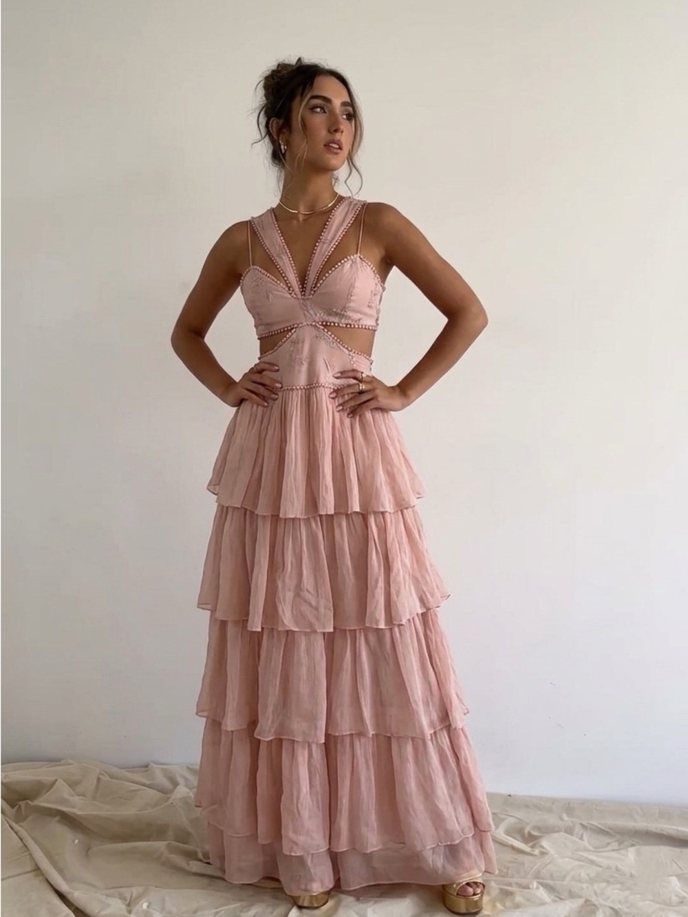 CINQ A SEPT Cutout Crepe Tiered Pleated Maxi Dress in Pink Sz 4